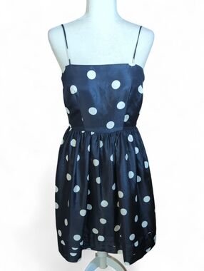 Jessica Howard Navy Blue Polka Dot Spaghetti-Strap Fit & Flare Satin Dress Sz 4